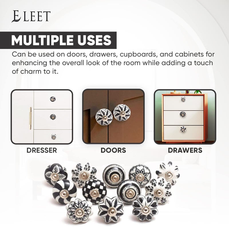 Eleet Designer Ceramic Cabinet Knobs - Pack of 12 Black & White Hand Painted Vintage Cabinet Cupboard Door & Drawer Pulls Chrome Hardware (12, Black &White) - Image 5